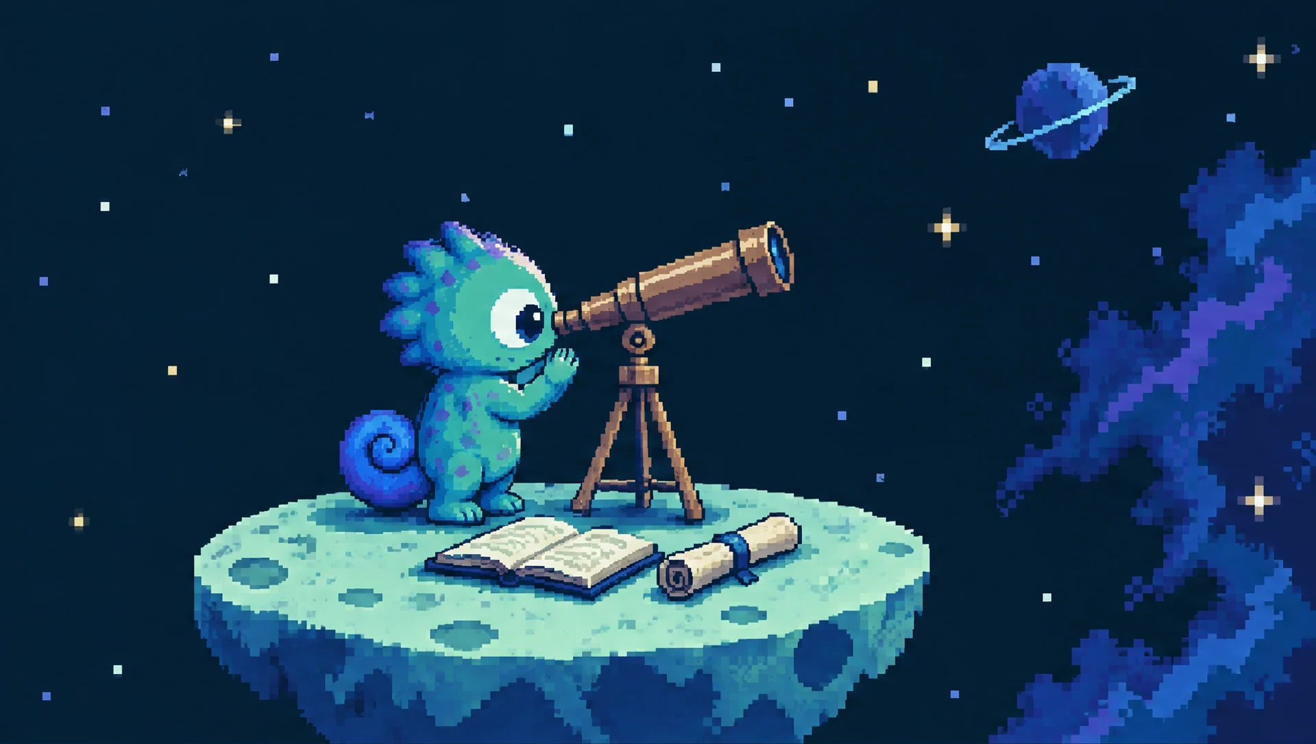 Cosmo in a compact moon observatory with books and a telescope.