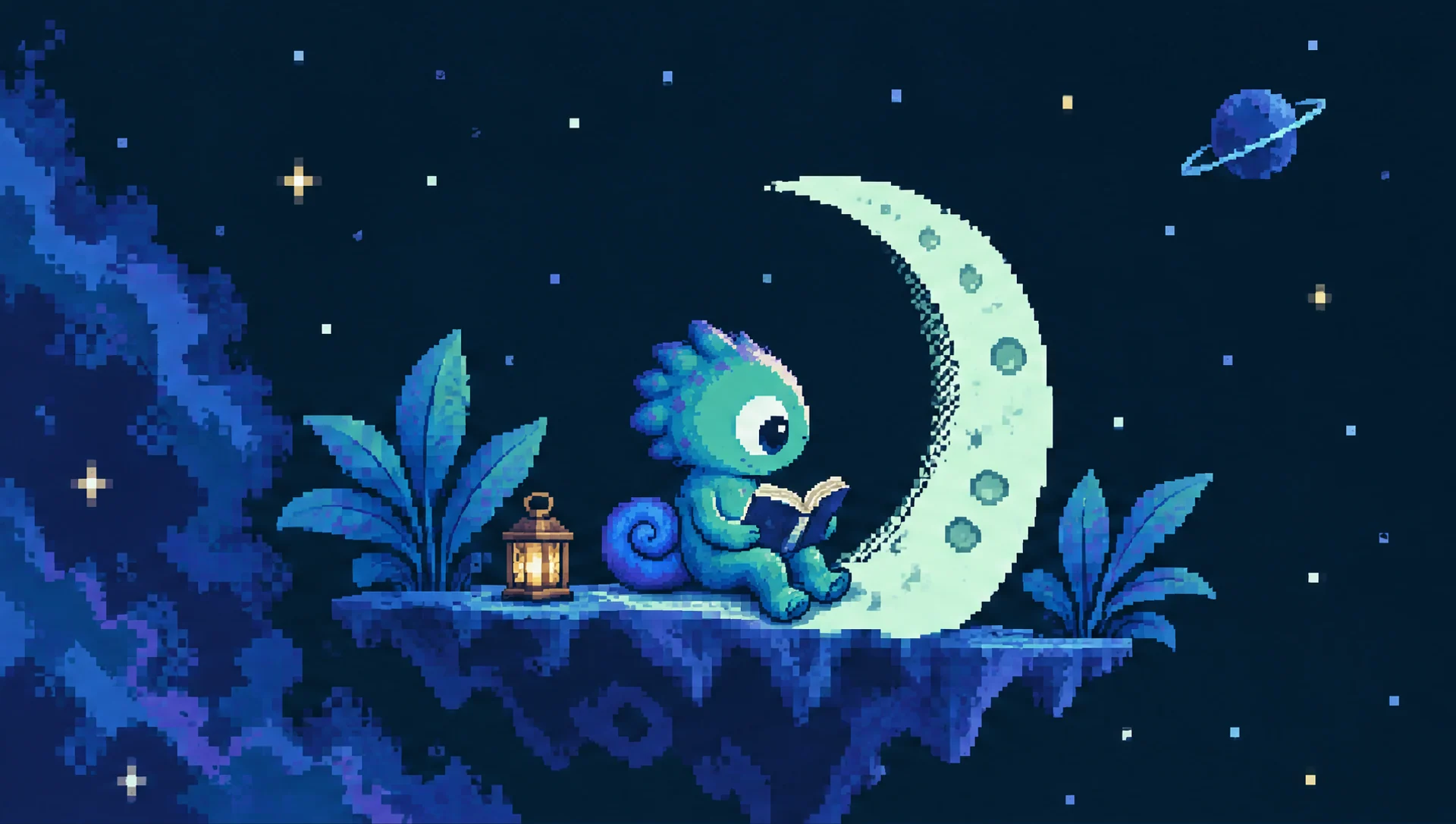 Cosmo in a moonlit reading garden.